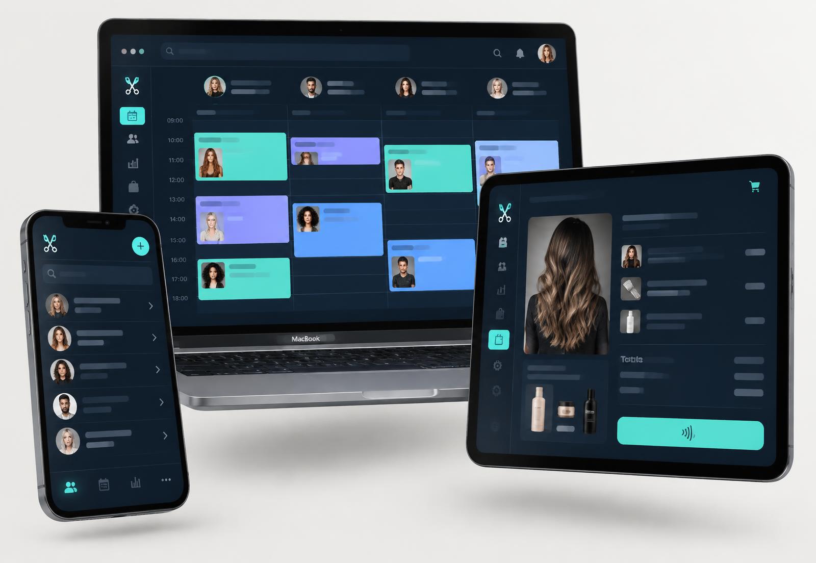 CUT-OS, logiciel de gestion pour salon de coiffure, affiché sur Mac, iPad et iPhone